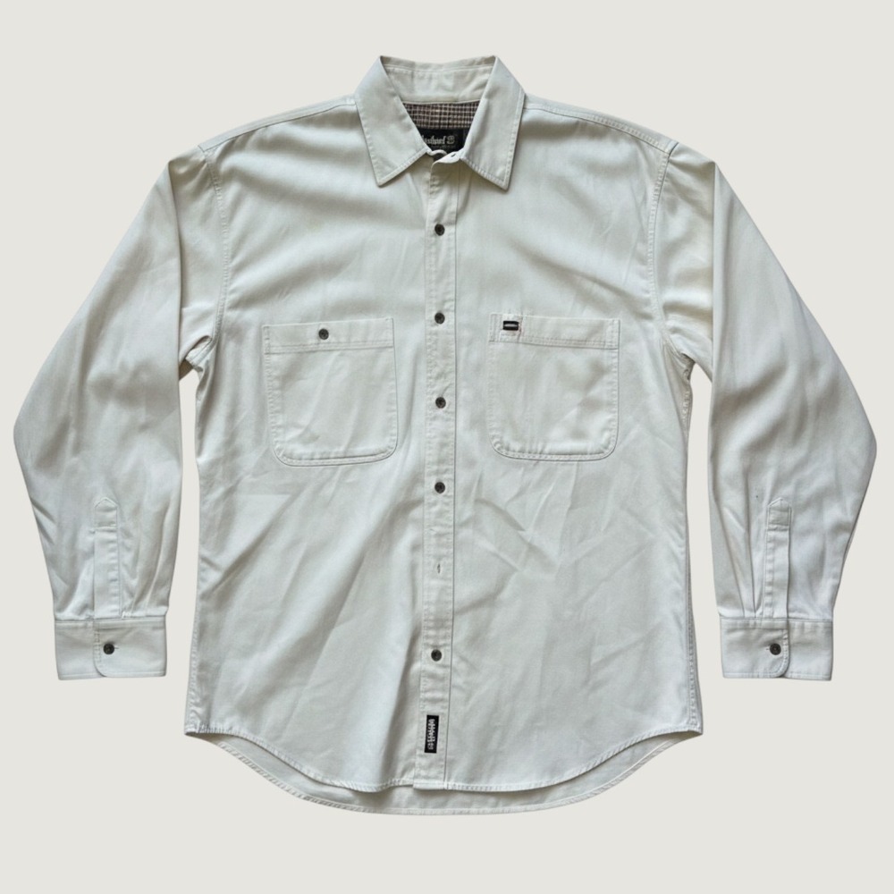 Vintage Timberland Weathergear Mens Medium Cream Heavy Cotton Twill Button Shirt